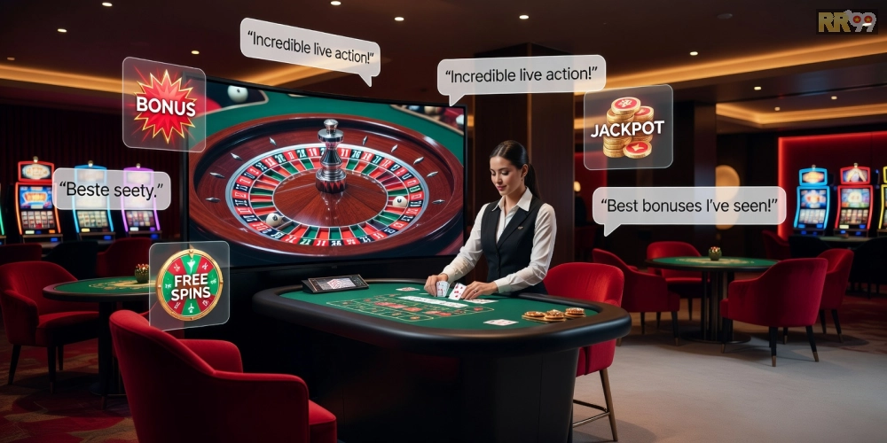 Minh họa các tính năng nổi bật của casino RR99 Pro với bàn chơi live và phần thưởng hấp dẫn