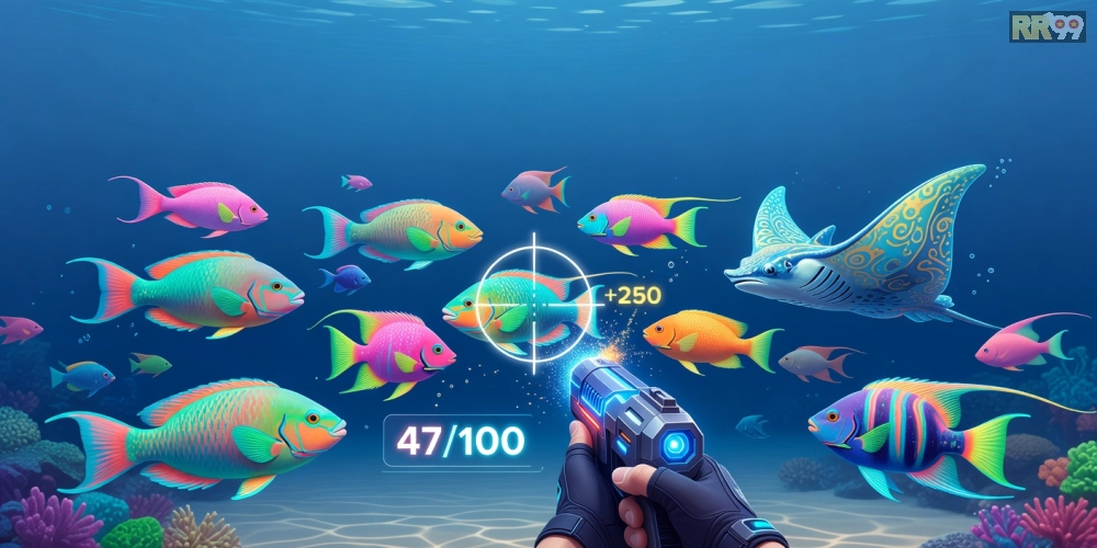 Minh họa giao diện game bắn cá rr99 với cá bơi lội và súng bắn
