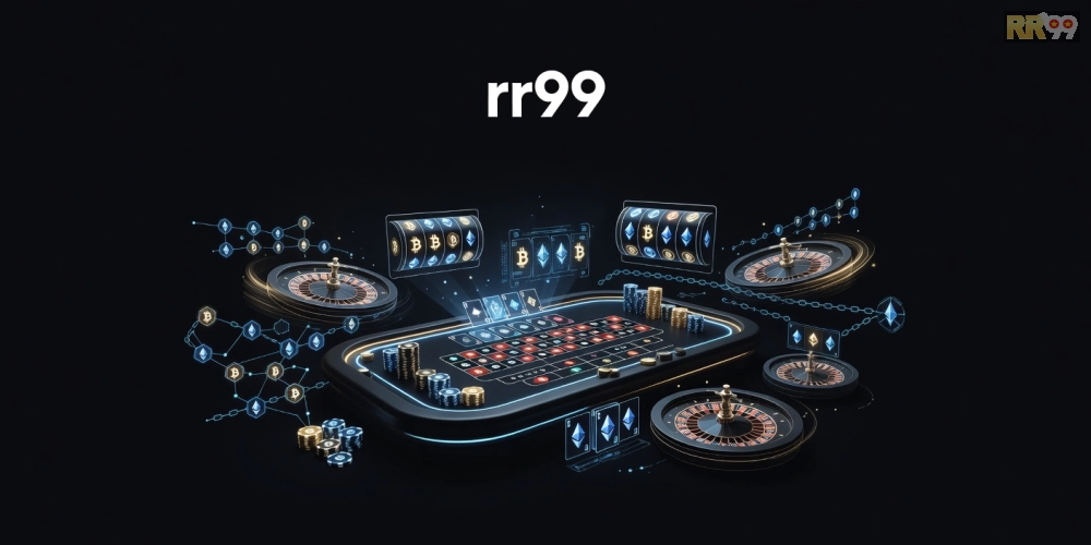 Hình minh họa khái niệm crypto casino rr99 với các biểu tượng tiền mã hóa và bàn cược trực tuyến