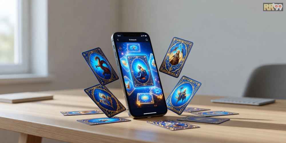 Hình minh họa khái niệm tải game bài RR99 với giao diện ứng dụng hiện đại và các trò chơi phổ biến