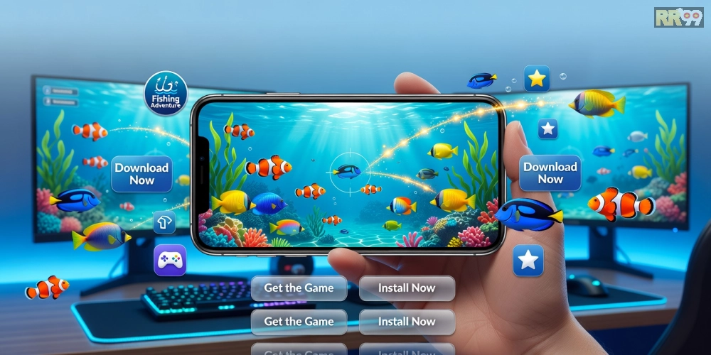 Minh họa giao diện tải game bắn cá online rr99 với đồ họa sống động và nút tải nhanh