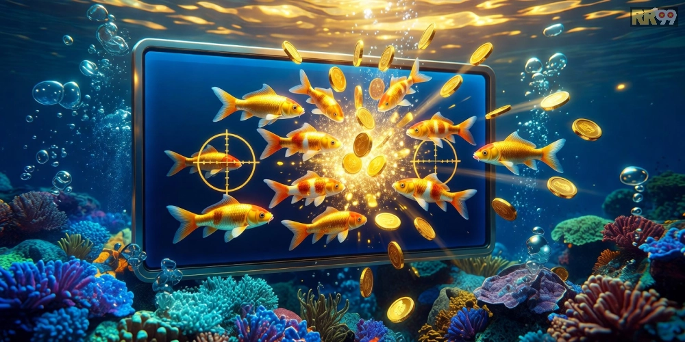 Hình ảnh gameplay Đại Dương Vàng RR99 với cá vàng óng ánh và súng bắn mạnh mẽ